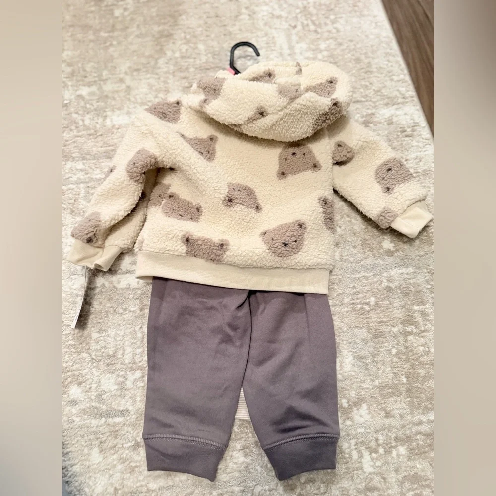 Carter's Cream and Brown Bear Sherpa Hoodie 3 piece Set size 18M -NWT